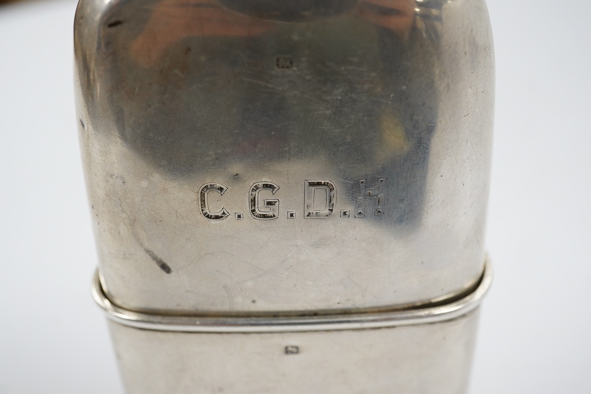 A late Victorian silver hip flask, by James Dixon & Sons, Sheffield, 13.3cm, 5.3oz. Condition - poor